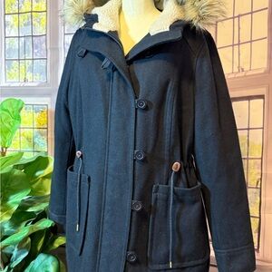 American Eagle AE Navy Faux Fur-Trimmed Coat Utility Hoodie XL Sherpa